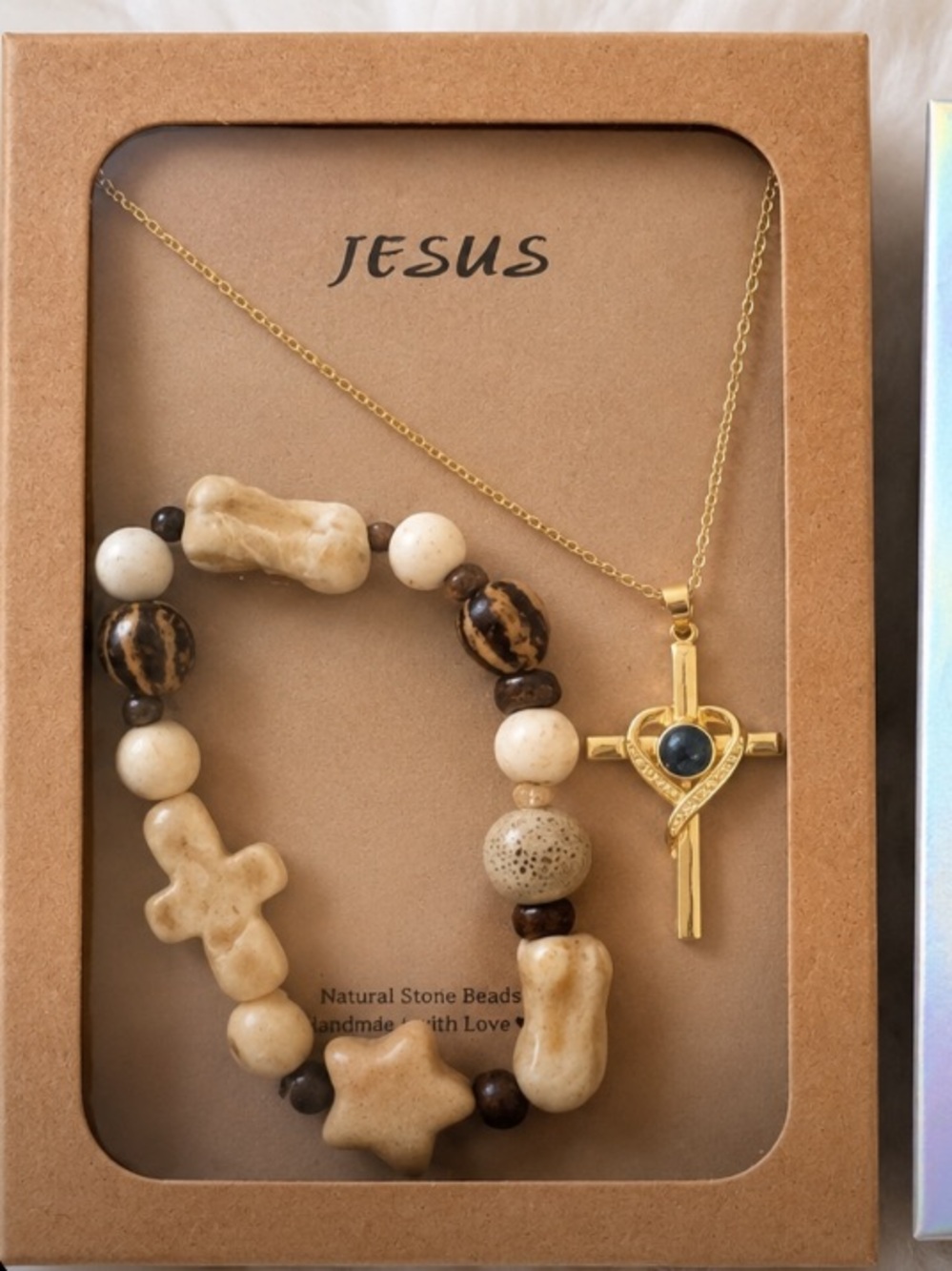 Gold Cross Necklace with Beige Natural Stone Beads -
